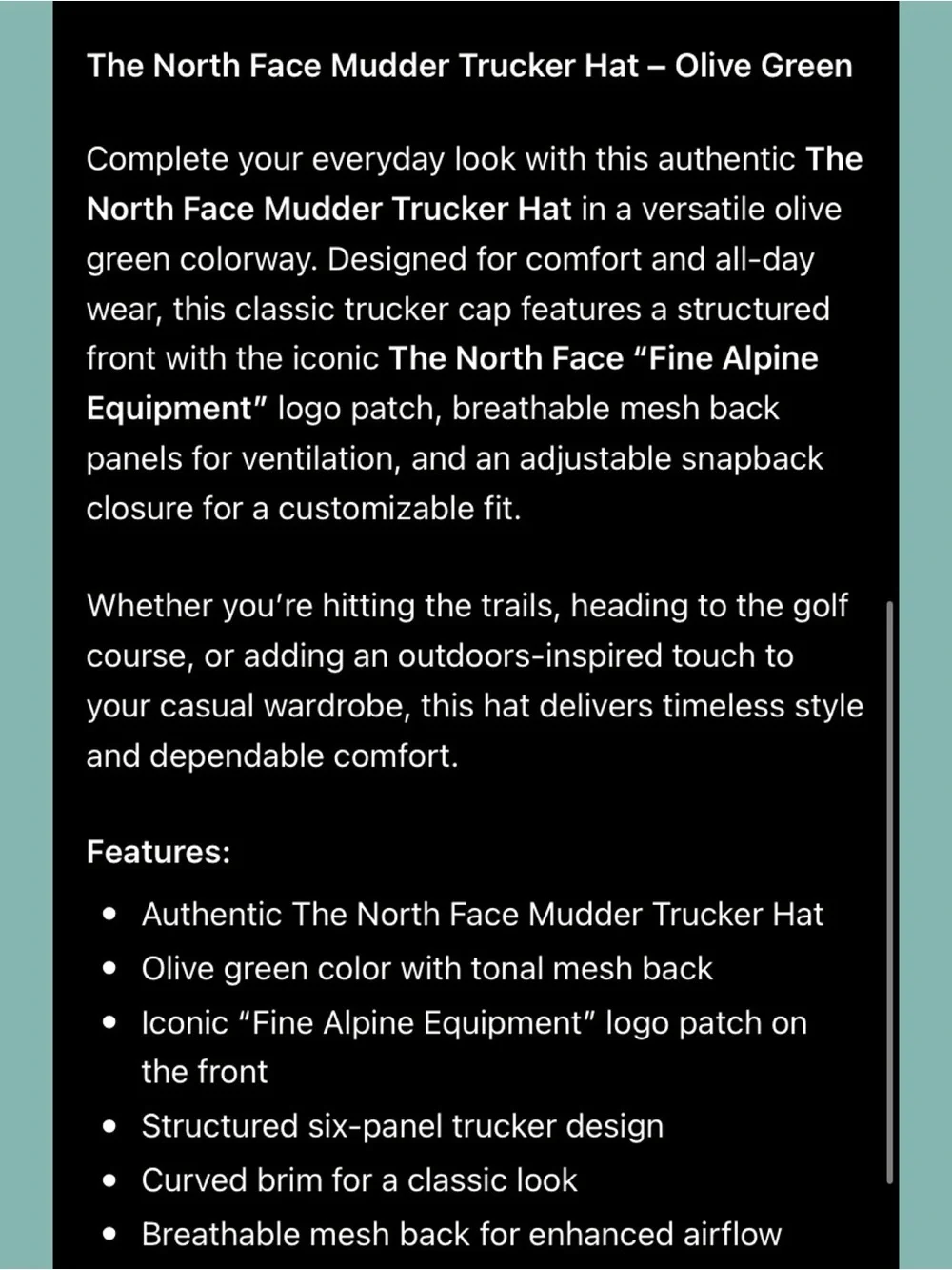 The North Face Olive Green Logo Trucker Hat